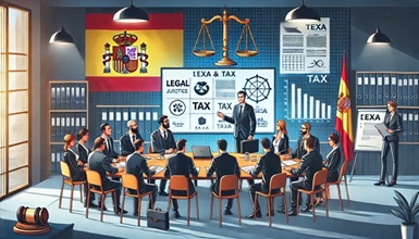 An illustration of a business meeting focused on legal and tax compliance in Spain