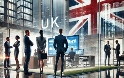 A modern and sleek business scene showcasing the launch of a real estate company in the UK