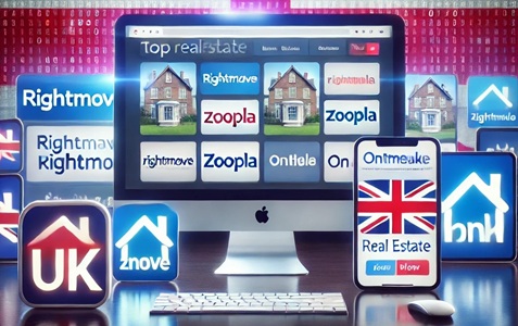 Logos of the best UK real estate websites with the British flag in the background.