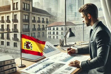 A business professional sitting at a desk, working on a detailed business plan for a real estate company in Spain