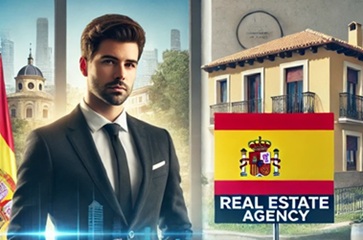 A professional real estate entrepreneur standing in front of a modern office and flag of Spain